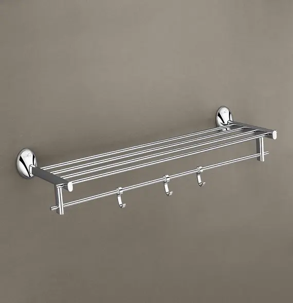 ROXIA Acura Towel Rack 24 inch | SS 304 Grade Stainless Steel | Wall Mounted Bathroom Shelf with Rod & 3 Hooks | Lifetime Rust & Corrosion Warranty