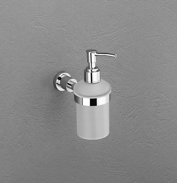 ROXIA Desire Soap Dispenser | Wall Mounted | Frosted Glass Bottle with SS 304 Chrome Holder | Elegant Bathroom Accessory with Push Pump | Rust-Proof 