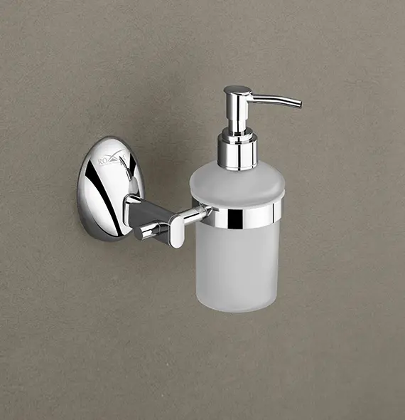 ROXIA Acura Soap Dispenser | Wall Mounted | Frosted Glass Bottle with SS 304 Chrome Holder | Elegant Bathroom Accessory with Push Pump | Rust-Proof  