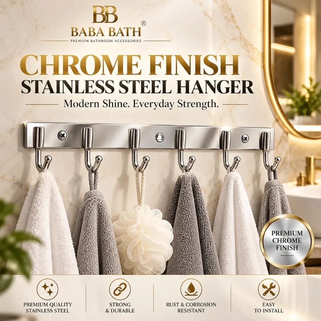 Baba Bath 6-Hook Stainless Steel Bathroom Hanger – Chrome Finish | Wall Mounted Towel & Robe Hook