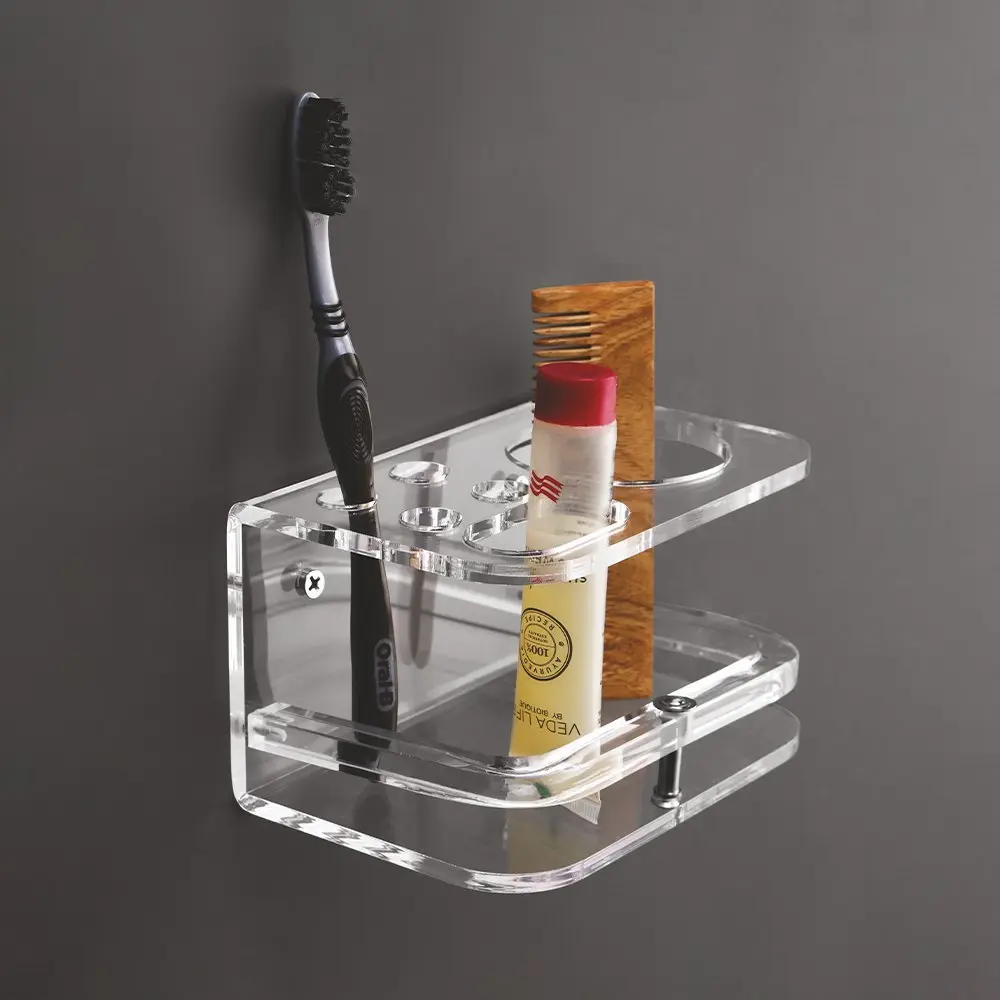 Baba Bath Acrylic Toothbrush Holder Wall Mounted | Clear Bathroom Organiser for Toothpaste, Comb, Razor & Accessories | Space Saving Transparent Bathroom Shelf