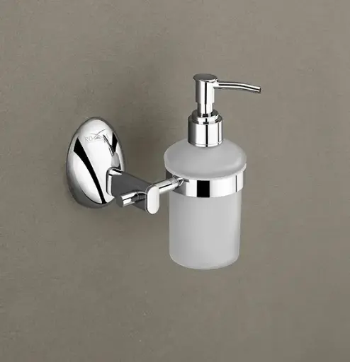 ROXIA Acura Soap Dispenser | Wall Mounted | Frosted Glass Bottle with SS 304 Chrome Holder | Elegant Bathroom Accessory with Push Pump | Rust-Proof  