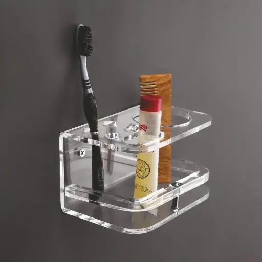 Baba Bath Acrylic Toothbrush Holder Wall Mounted | Clear Bathroom Organiser for Toothpaste, Comb, Razor & Accessories | Space Saving Transparent Bathroom Shelf