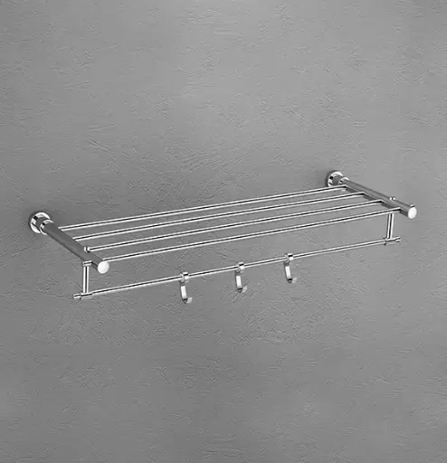 ROXIA Desire Towel Rack 24inch | SS 304 Grade Stainless Steel | Wall Mounted Bathroom Shelf with Rod & Hooks | Lifetime Rust & Corrosion Warranty